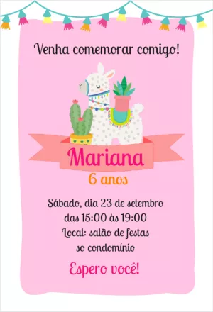 Convite de Aniversário Lhama e Cactos para Editar Online
