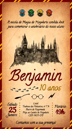 Convite Aniversário Harry Potter Editável Online com Hogwarts