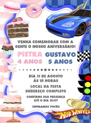 Convite Aniversário Duplo Confeitaria e Carros para Editar