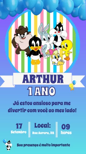 Convite de Aniversário Baby Looney Tunes para Editar Online