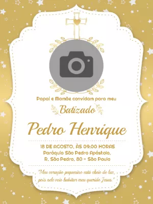 Convite de Batizado Dourado com Foto para Editar Online