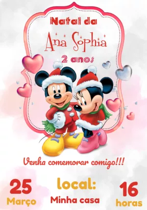 Convite Aniversário Natal Mickey e Minnie para Editar Online