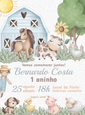 Convite Aniversário Fazendinha Azul Aquarela para Editar Online