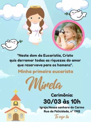 Convite Primeira Eucaristia Menina com Foto para Editar Online