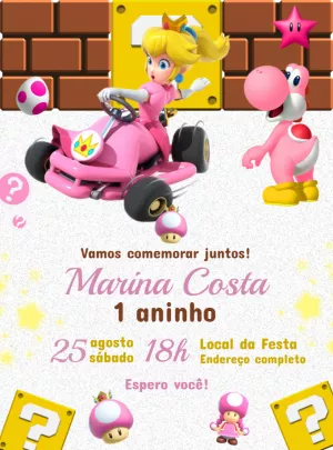 Convite de Aniversário Princesa Peach Mario Kart para Editar Online