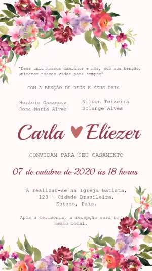 Convite de Casamento Floral Aquarela para Editar Online