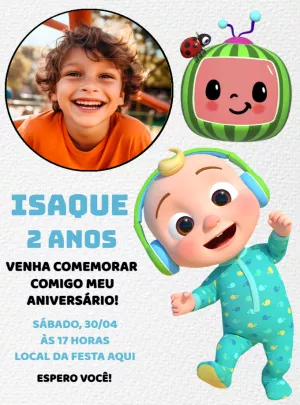 Convite Aniversário Cocomelon com Foto para Editar Online