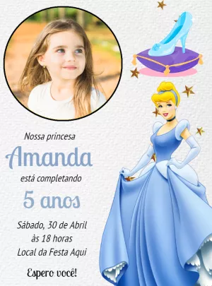 Convite de Aniversário Cinderela com Foto para Editar Online