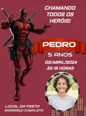 Convite de Aniversário Deadpool com Foto para Editar Online