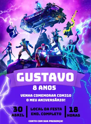 Convite de Aniversário Fortnite e Heróis para Editar Online