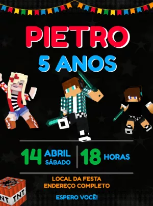 Convite de Aniversário Minecraft com Personagens para Editar