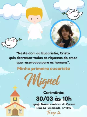 Convite Primeira Eucaristia Menino com Foto para Editar Online