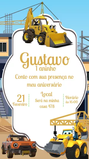 Convite de Aniversário Trator e Construção para Editar