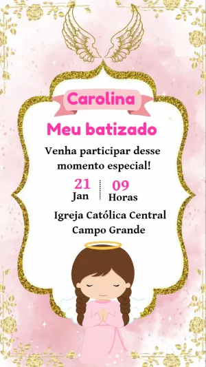 Convite de Batizado Anjinha Menina para Editar Online