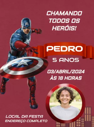 Convite de Aniversário Capitão América com Foto para Editar Online