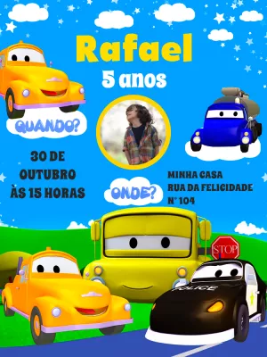 Convite Aniversário Carros com Foto para Editar Online