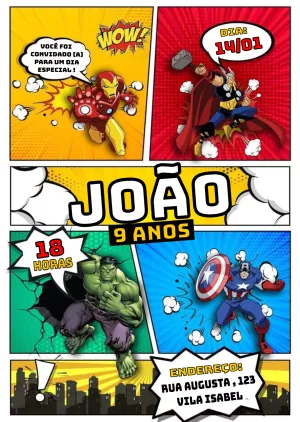 Convite de Aniversário Vingadores Marvel para Editar Online