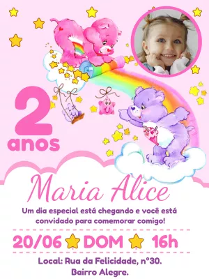 Convite Aniversário Ursinhos Carinhosos com Foto para Editar