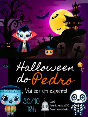 Convite de Aniversário Halloween com Monstros para Editar Online