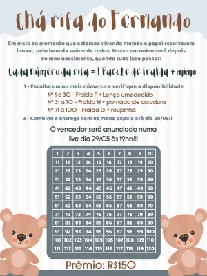 Rifa Chá de Bebê Ursinho Fofo para Editar Online e Enviar