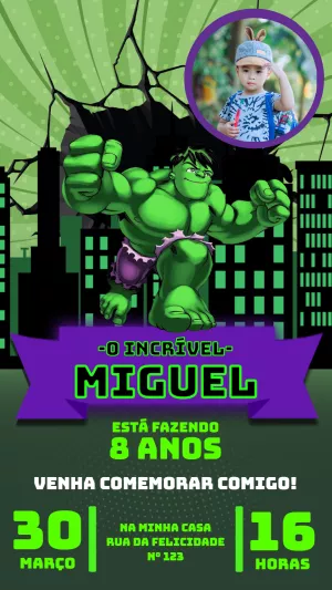 Convite de Aniversário Hulk com Foto para Editar Online