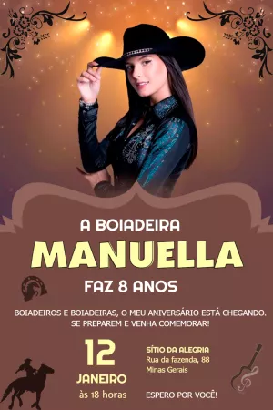 Convite de Aniversário Tema Boiadeira para Editar Online