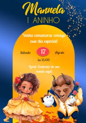 Convite de Aniversário A Bela e a Fera para Editar Online