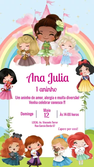Convite de Aniversário Princesas Disney para Editar Online