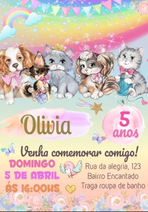 Convite Aniversário Pets Fofos Cachorros e Gatos para Editar