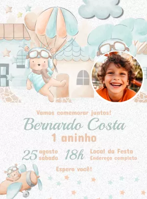 Convite Aniversário Ursinho Aviador com Foto para Editar