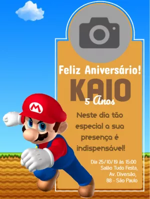 Convite Aniversário Super Mario com Foto para Editar Online