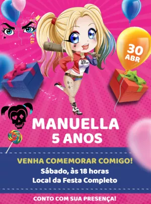 Convite de Aniversário Alerquina Chibi para Editar Online
