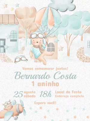 Convite Ursinho Aviador Aquarela para Aniversário Editável