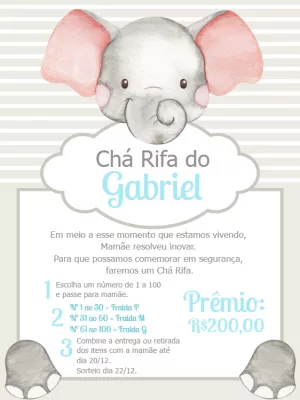 Convite Chá Rifa Elefantinho Fofo para Editar Online