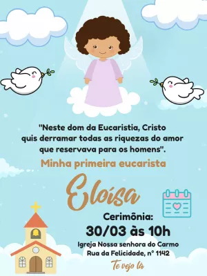 Convite Primeira Eucaristia Anjinha Delicada para Editar Online