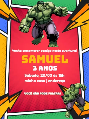 Convite de Aniversário do Hulk para Editar e Imprimir