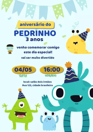 Convite Aniversário Monstrinhos Divertidos para Editar Online