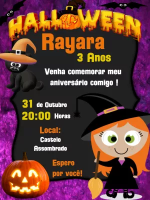Convite de Aniversário Halloween com Bruxinha para Editar Online