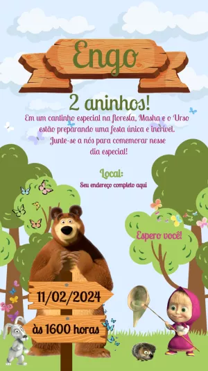 Convite de Aniversário Masha e o Urso para Editar Online
