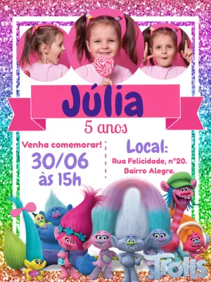 Convite Aniversário Trolls com Foto para Editar Online