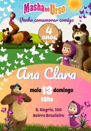 Convite Aniversário Masha e o Urso com Personagens para Editar