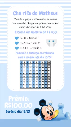Chá Rifa Mickey Baby Azul para Editar e Enviar Online