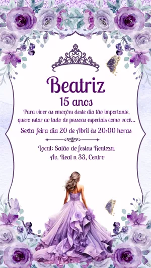 Convite de 15 Anos Lilás com Flores para Editar Online