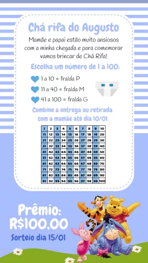 Convite Chá Rifa Ursinho Pooh Editável para Menino Online