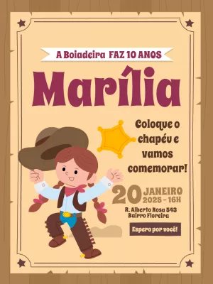 Convite Aniversário Boiadeira Menina para Editar Online