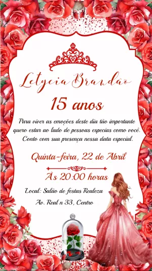 Convite de 15 Anos Princesa com Rosas Vermelhas para Editar