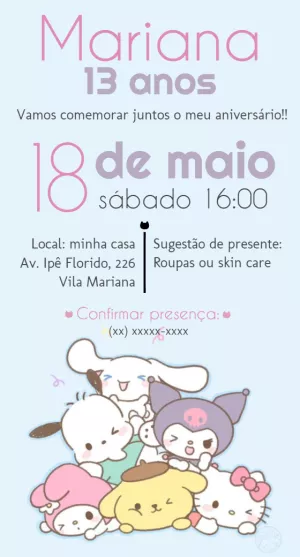 Convite de Aniversário Sanrio Hello Kitty e Turma para Editar
