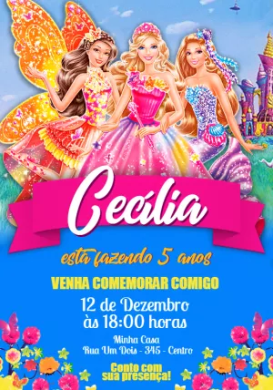 Convite Aniversário Barbie Princesas e Fadas para Editar