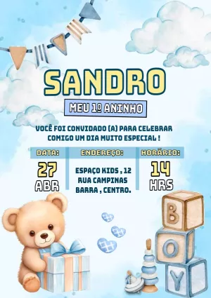 Convite Aniversário Ursinho Aquarela para Editar Online
