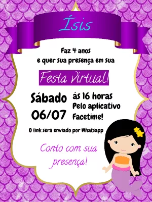 Convite Aniversário Sereia Roxo para Editar e Enviar Online